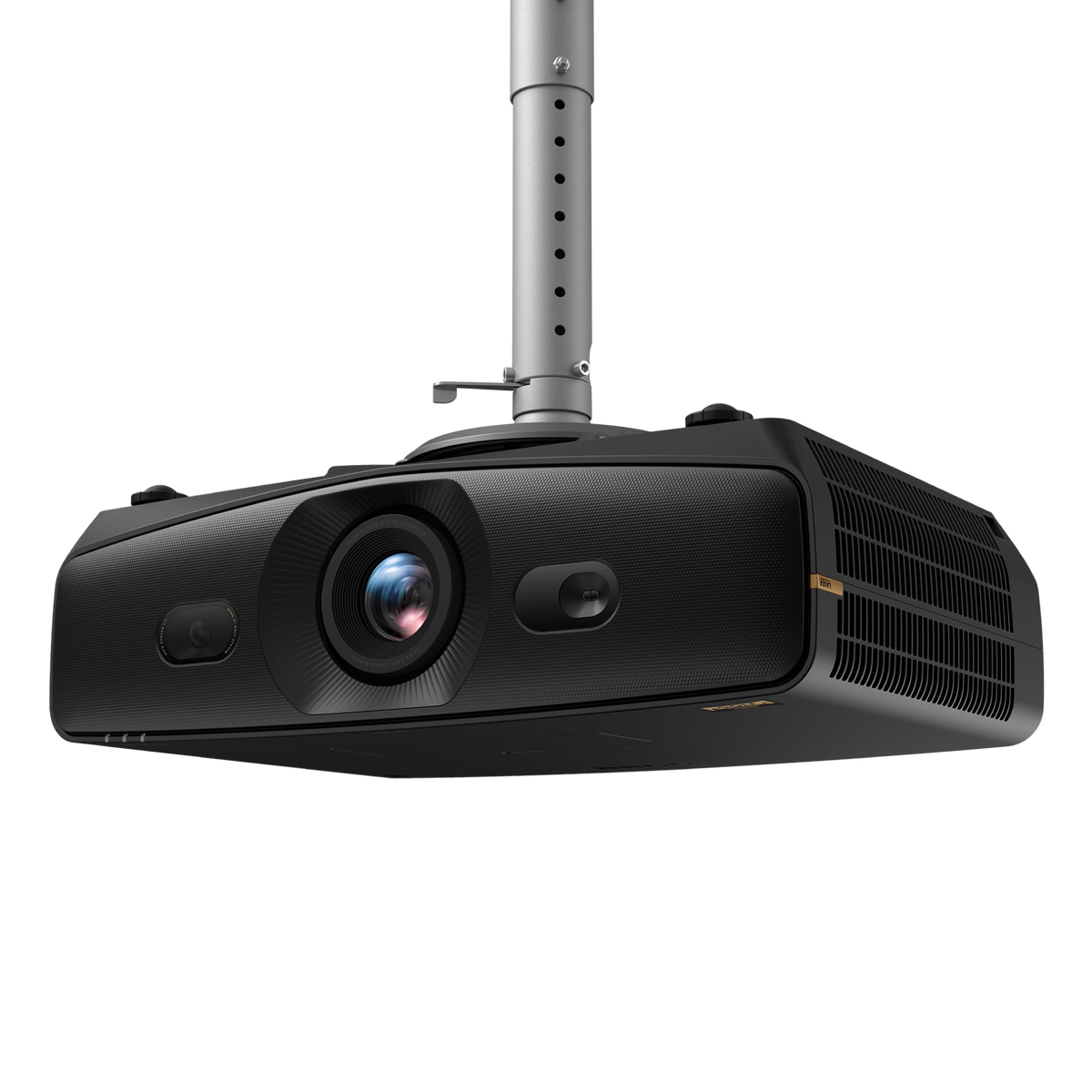 Black BenQ AK900ST 4K Short-Throw Laser Golf Simulator Projector mounted to a ceiling pipe for a golf simulator.