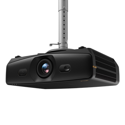 Black BenQ AK900ST 4K Short-Throw Laser Golf Simulator Projector mounted to a ceiling pipe for a golf simulator.