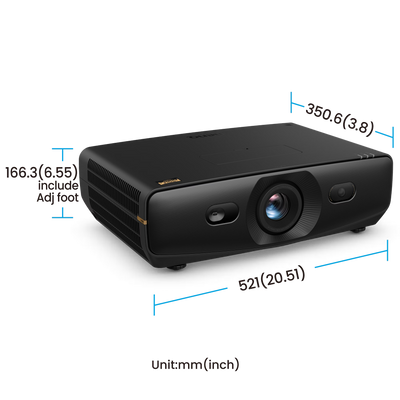 Black BenQ AK900ST 4K Short-Throw Laser Golf Simulator Projector with a front-facing lens and measurement lines indicating its height, width, and depth in millimeters and inches.