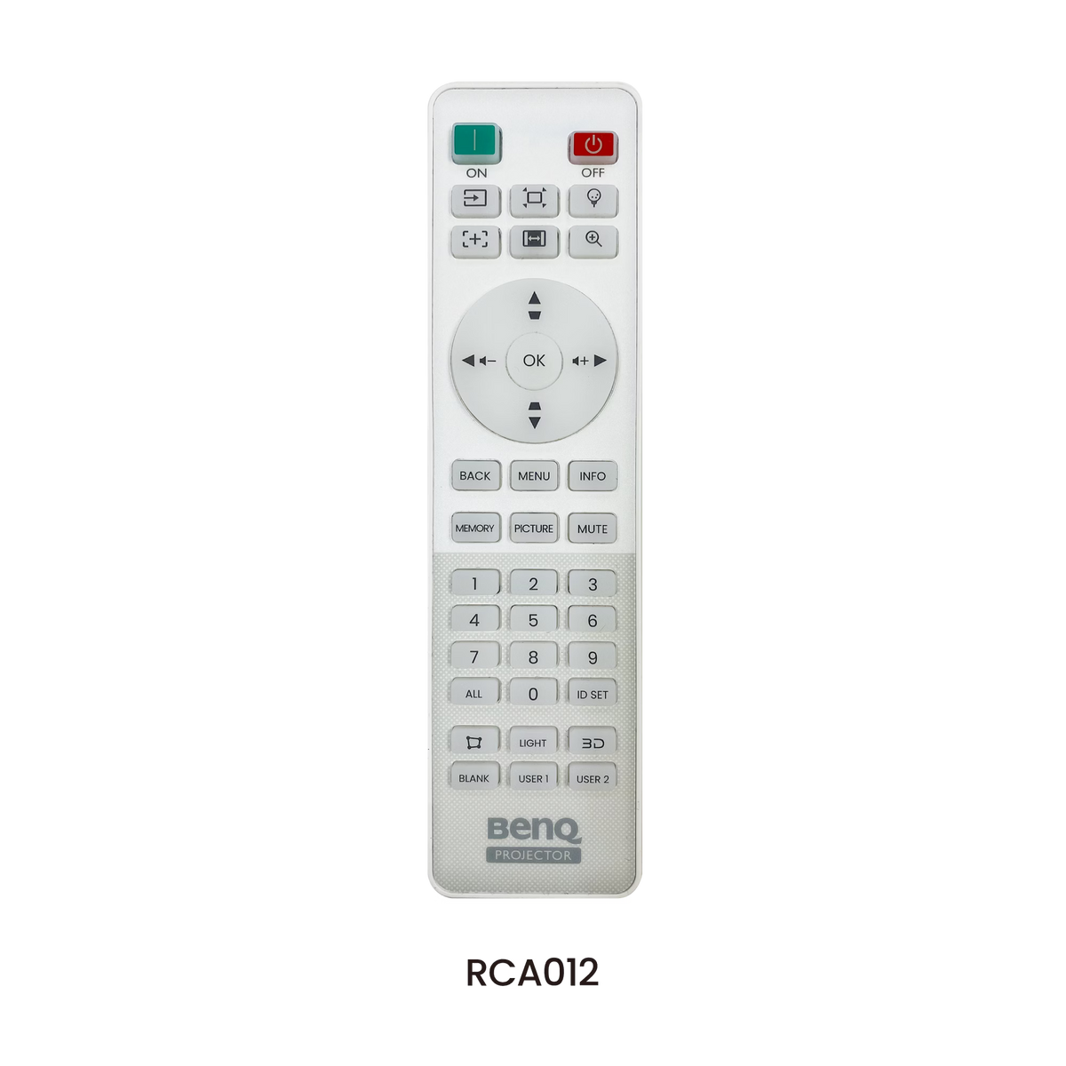 White BenQ AK900ST 4K Short-Throw Laser Golf Simulator Projector remote control featuring navigation arrows, a number pad, and function buttons.