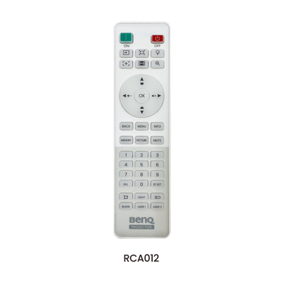 White BenQ AK900ST 4K Short-Throw Laser Golf Simulator Projector remote control featuring navigation arrows, a number pad, and function buttons.