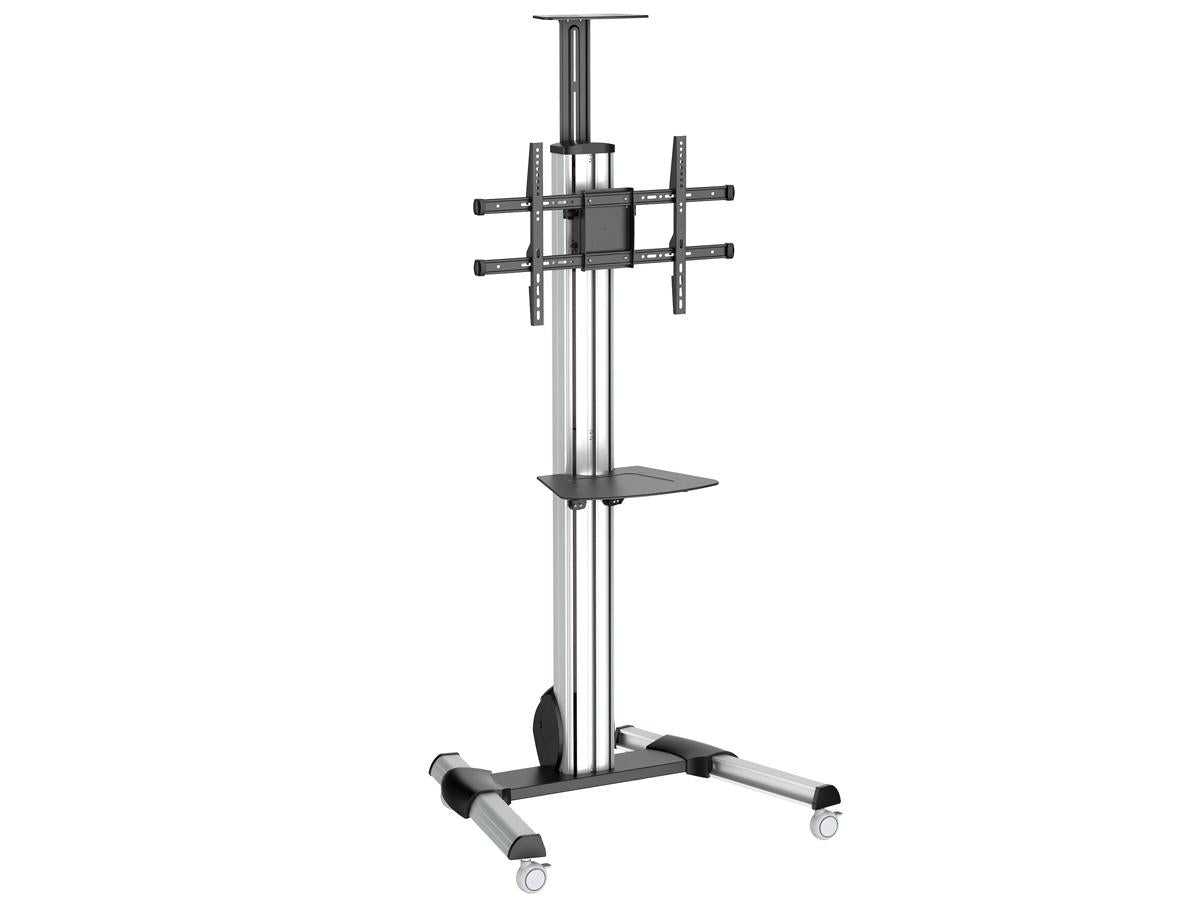 Height-Adjustable Mobile Display Cart with Equipment Shelf for 32"–75" Displays