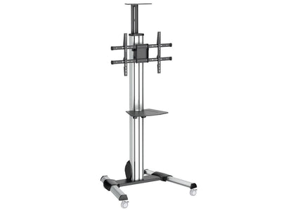 Height-Adjustable Mobile Display Cart with Equipment Shelf for 32"–75" Displays