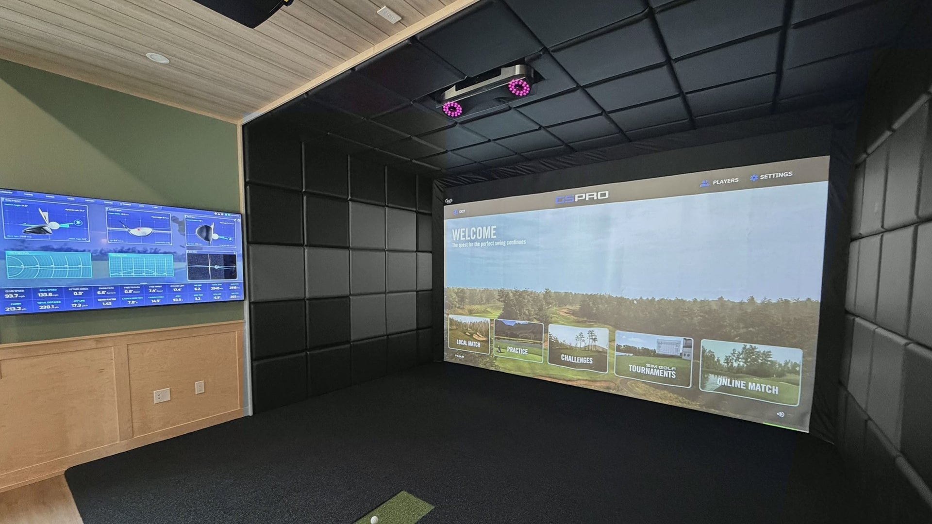 Load video: Completed custom SimCaddy golf simulator project in a residential or commercial space.