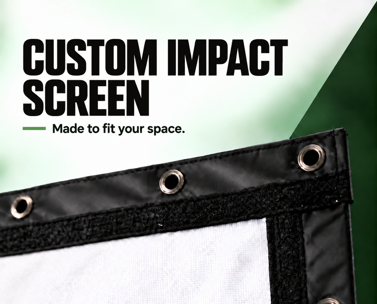 Custom Size Golf Impact Screen shown as a white impact screen with black trim and metal grommets, featuring the text Custom Impact Screen, made to fit your space and a Build your screen button.