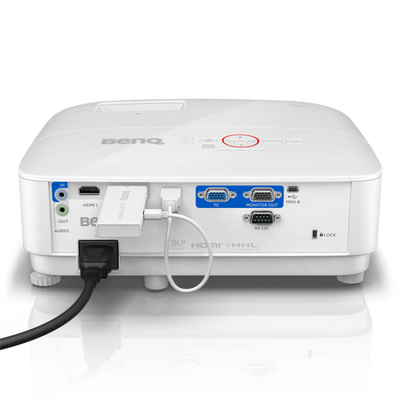 Back panel of the white BenQ TH671ST 1080P 3000 Lumens Short Throw Gaming Projector, showing a power cord, a wireless dongle, and various HDMI, PC, and audio input/output ports.