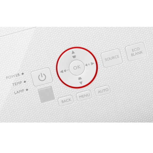 Close-up of a white BenQ TH671ST 1080P 3000 Lumens Short Throw Gaming Projector control panel featuring a circular navigation pad with arrow keys and an OK button, surrounded by labeled buttons for power, menu, source, eco blank, back, and auto.